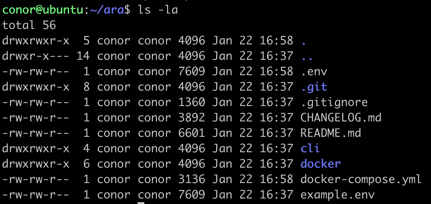 A screenshot of the terminal showing the output of 'ls -la' showing the contents of the ara directory after you have copied the docker-compose.yml file and .env file
