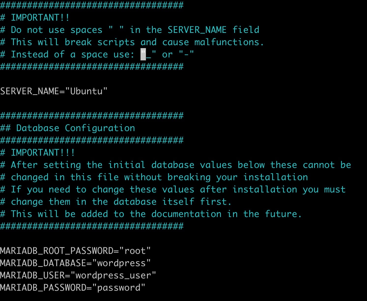 A screenshot of the terminal showing the output of 'nano .env' showing the contents of the .env file