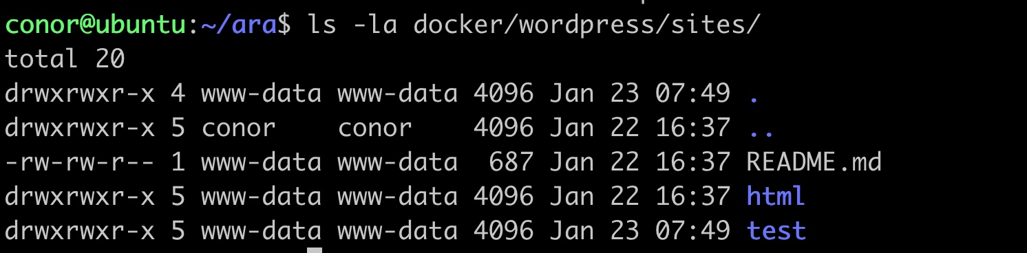 A screenshot of the terminal showing the output of 'ls -la docker/wordpress/sites/' showing the ownership and contents of the sites directory