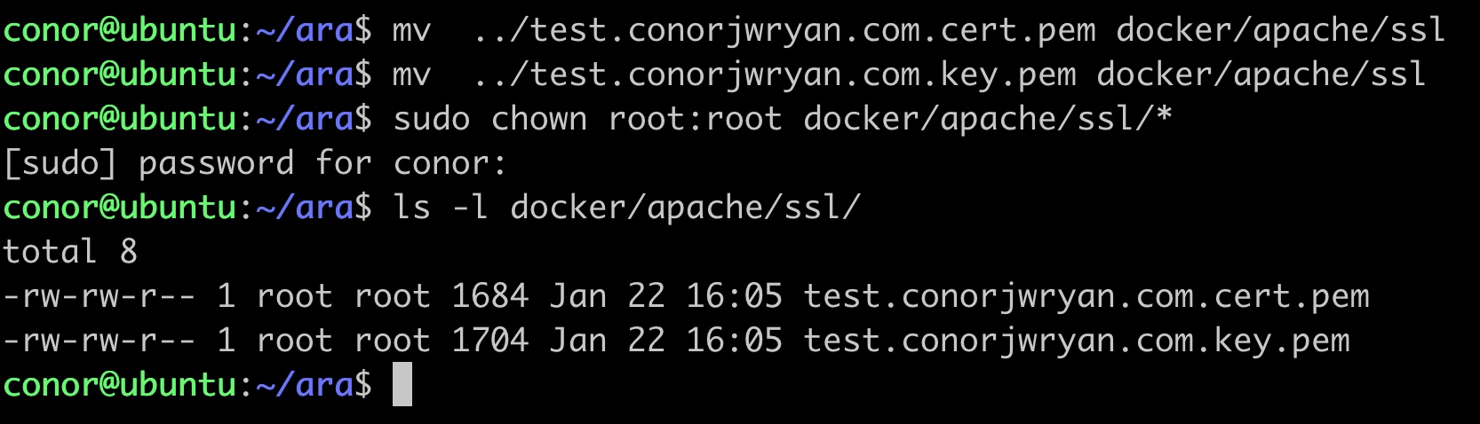 A screenshot of the terminal showing the output of 'ls -l docker/apache/ssl' showing the ownership and contents of the ssl directory after putting the certificates in there