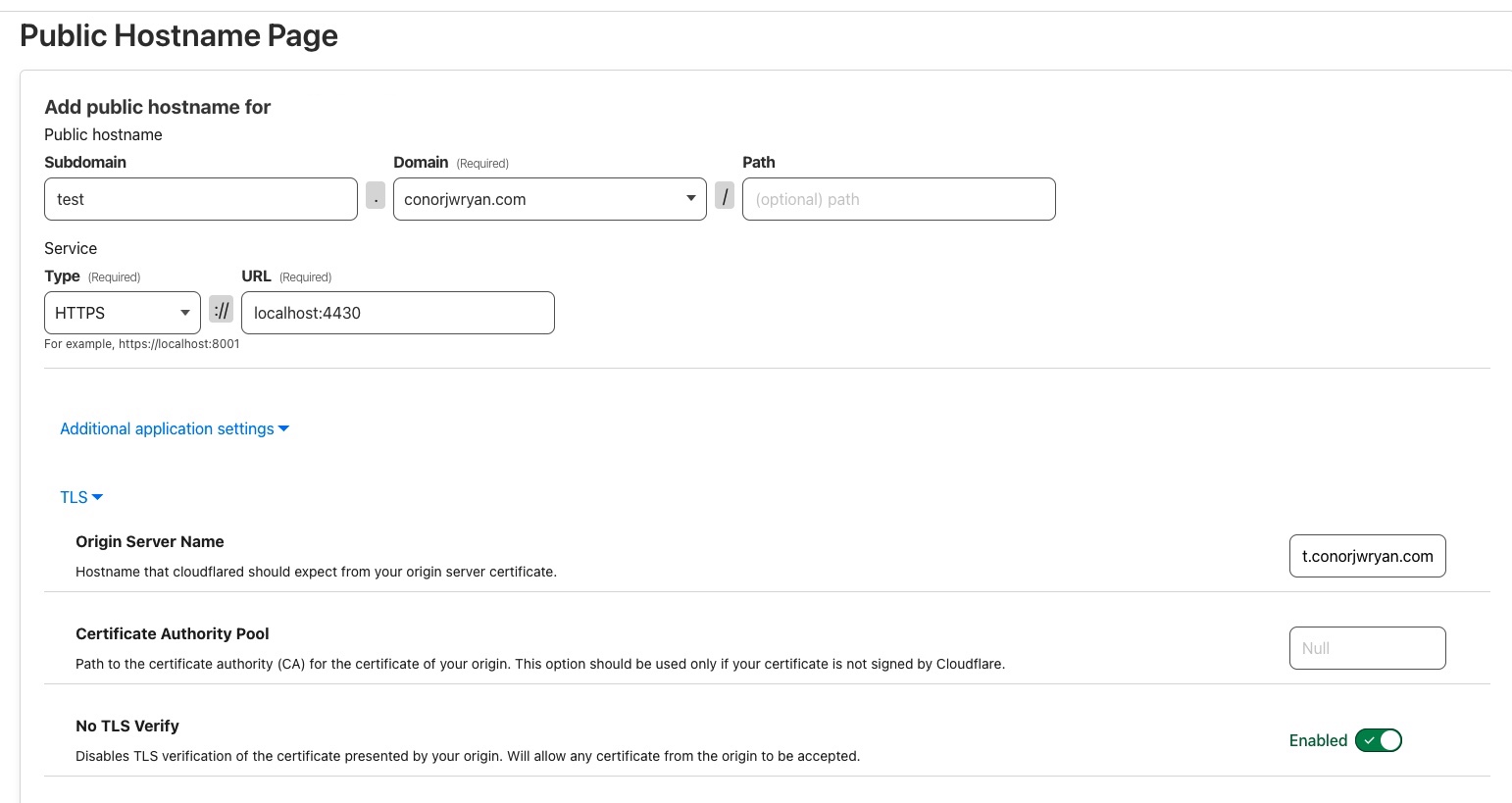 A screenshot of the cloudflare zero trust tunnel dashboard showing the settings for the wordpress site