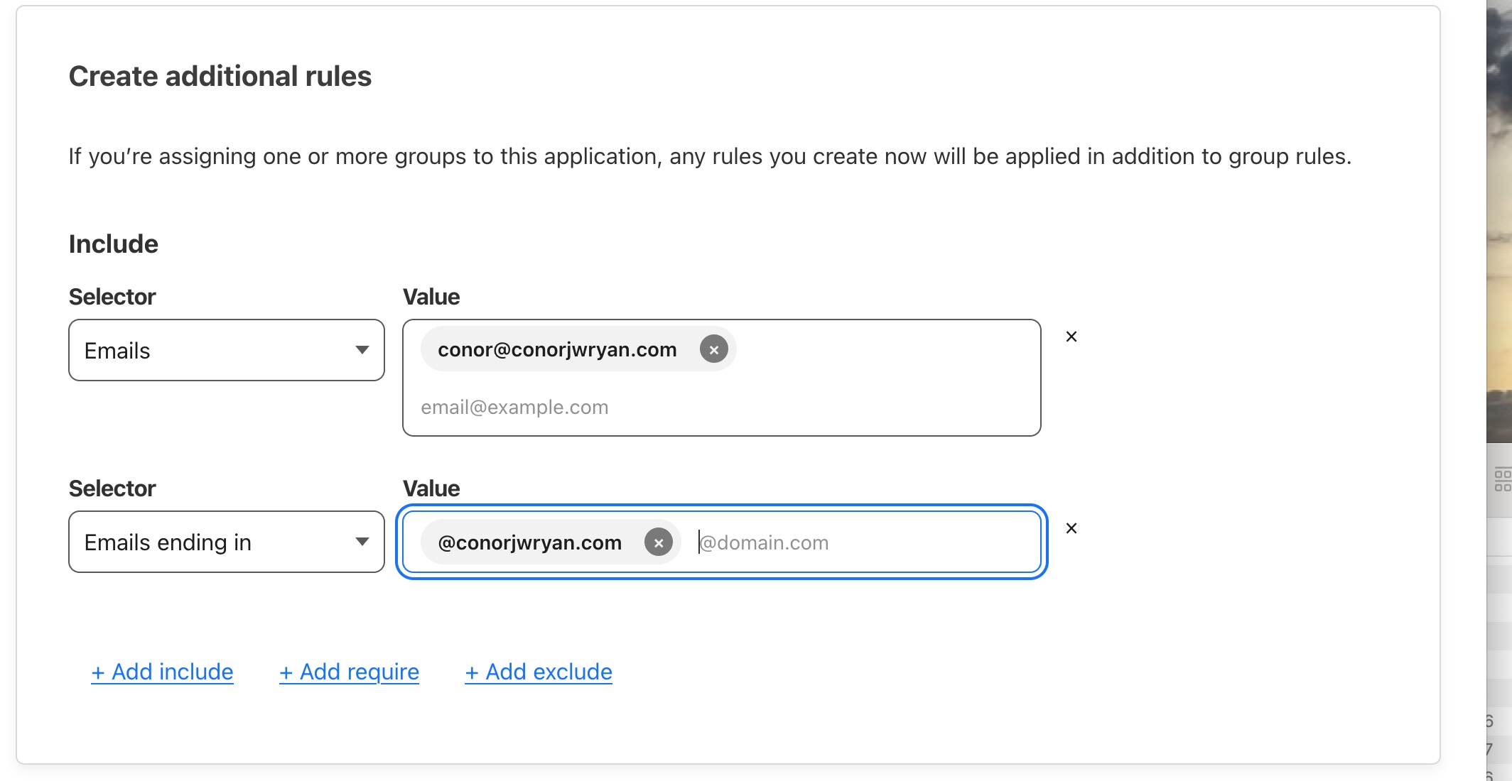 A screenshot showing the adhoc rules created for this application where only conor@conorjwryan.com can access this application