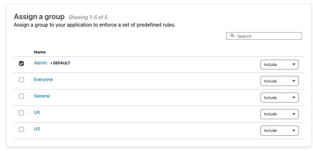 A screenshot showing an example quicker Access Policy configuration by the use of previously defined groups