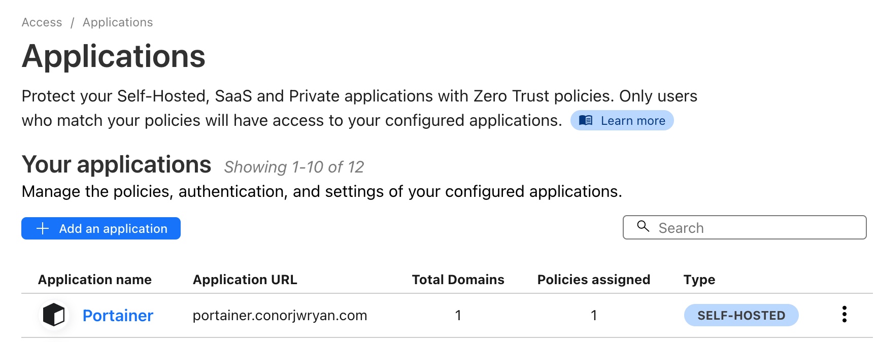 A screenshot showing our newly created access application in the Application Dashboard