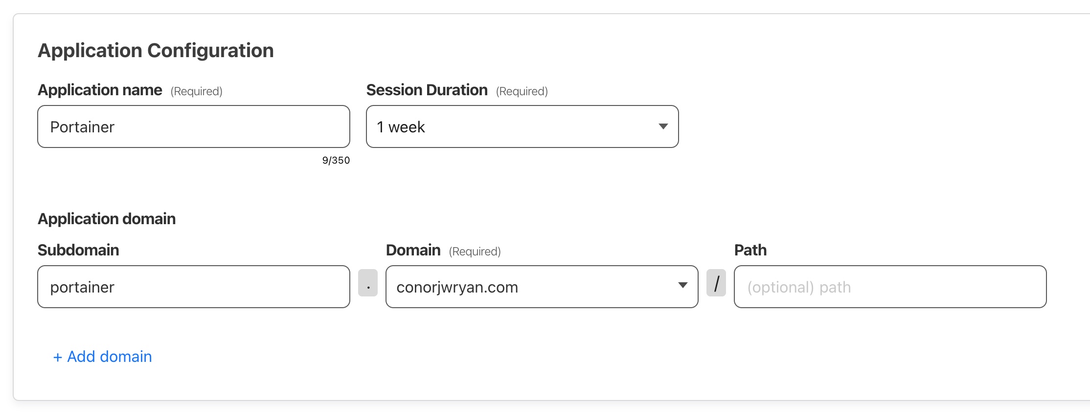 A screenshot of the 'Application Configuration' section where you have to input name of the application and relevant domain