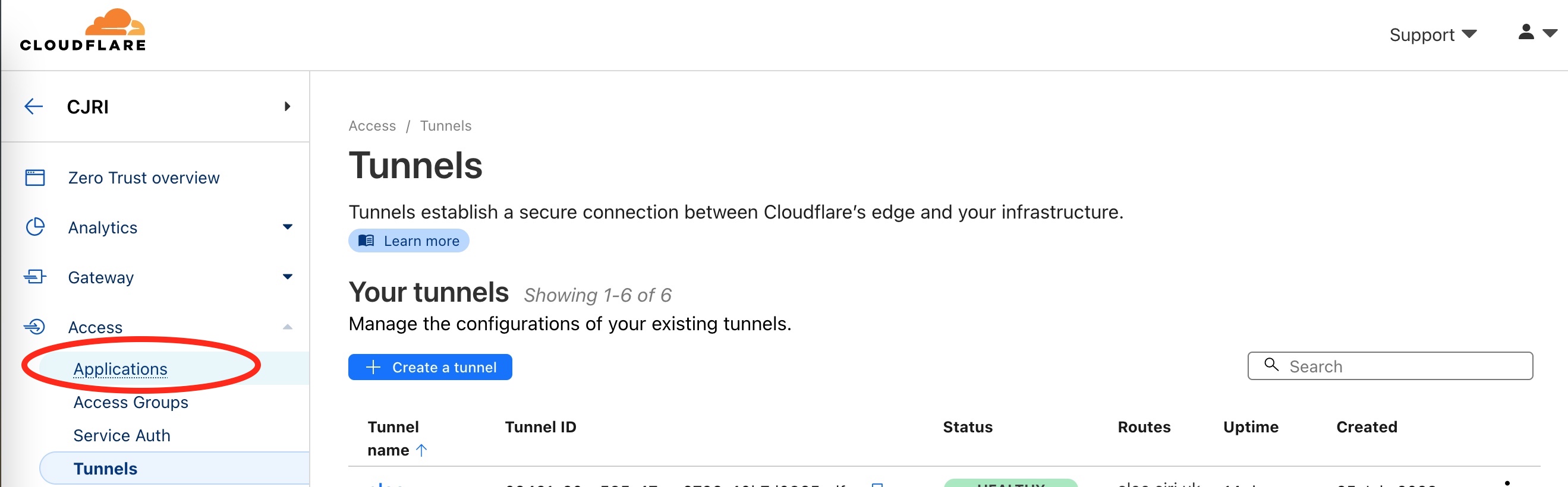 A screenshot of the main tunnel dashboard with the 'Applications' link circled in red