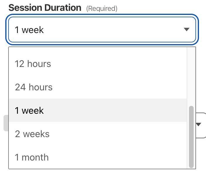 A screenshot showing the options for 'Session Duration' (how long the application stays logged in before re-authentication)