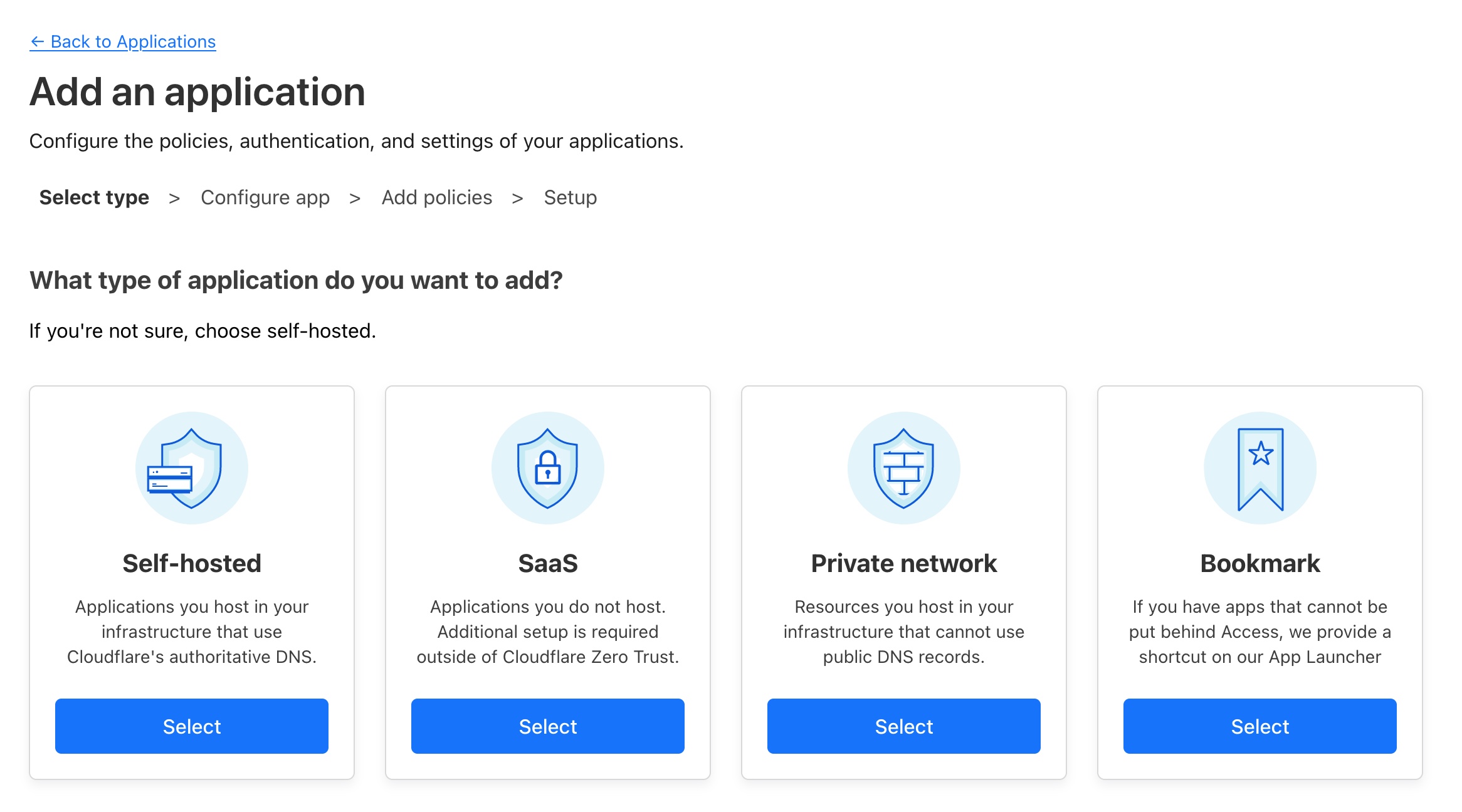 A screenshot of application type selection in Cloudflare Access