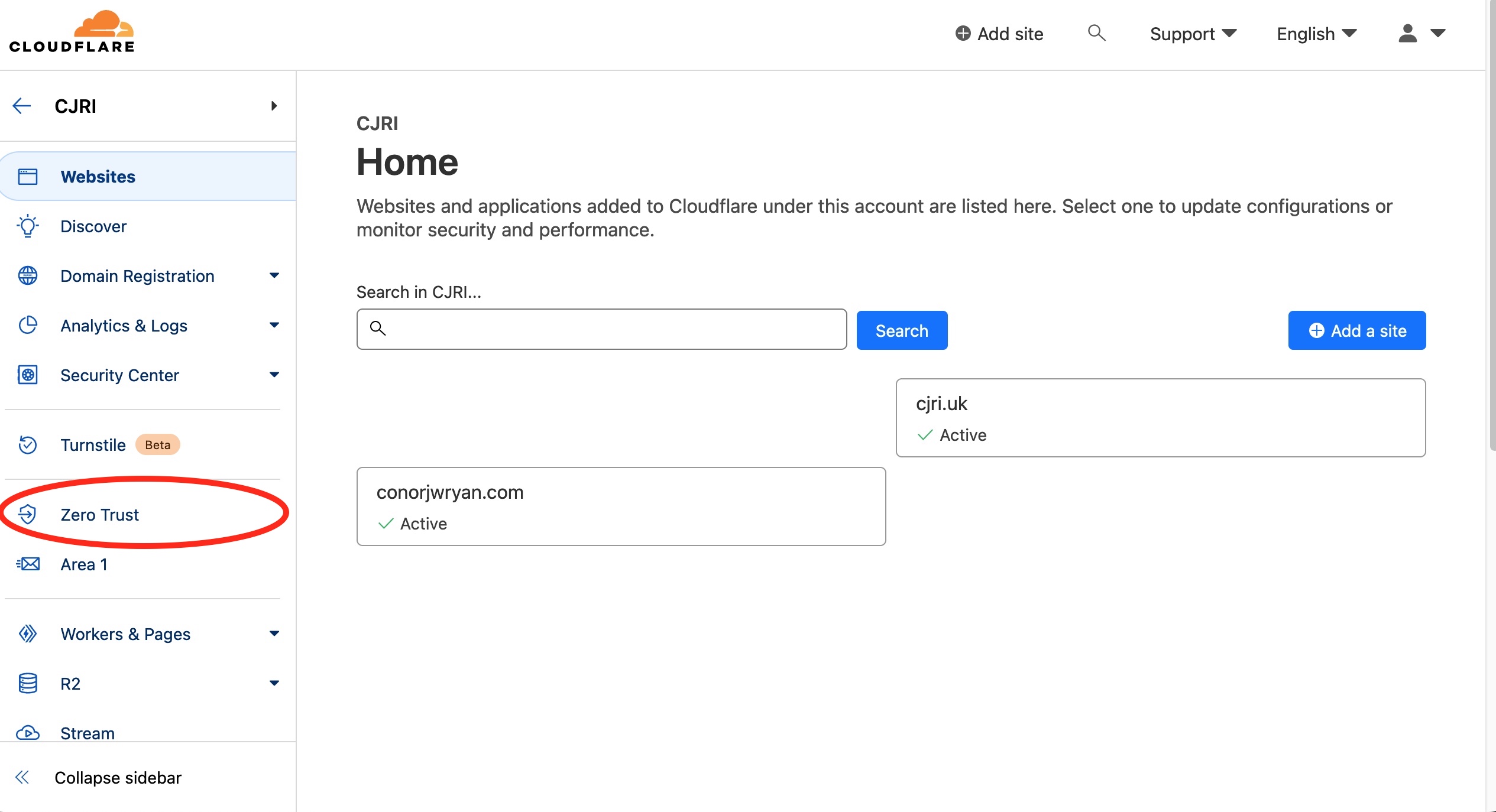 A screenshot showing the Cloudflare Dashboard with two domains and a red circle around the Zero Trust Link in the left-hand sidebar