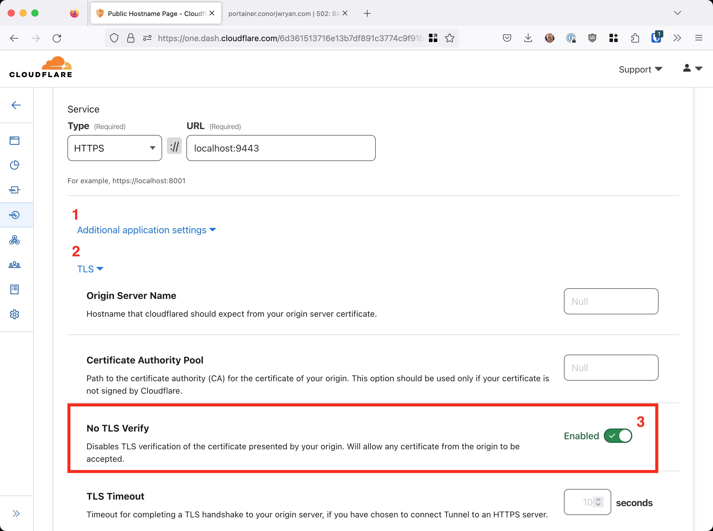 A screenshot showing the expanded settings for our Application hostname, we need to enable 'No TLS' verify for this to work