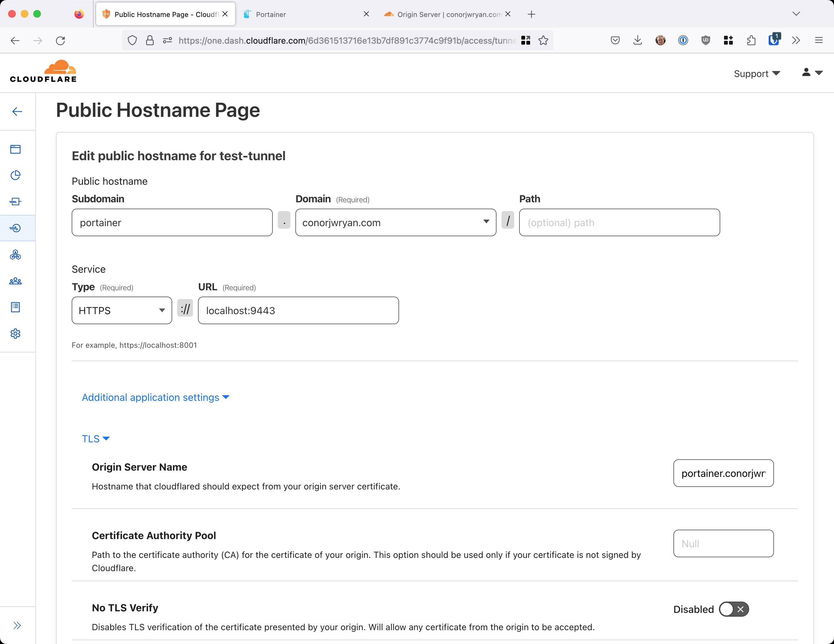 A screenshot showing the expanded settings for our Application hostname, we need to disable 'No TLS' verify for this to work