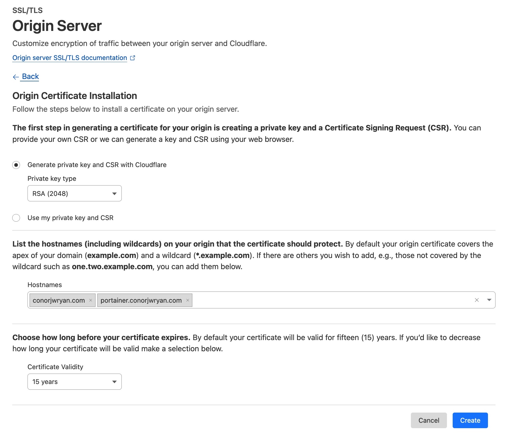 A screenshot of the origin certificate creation page