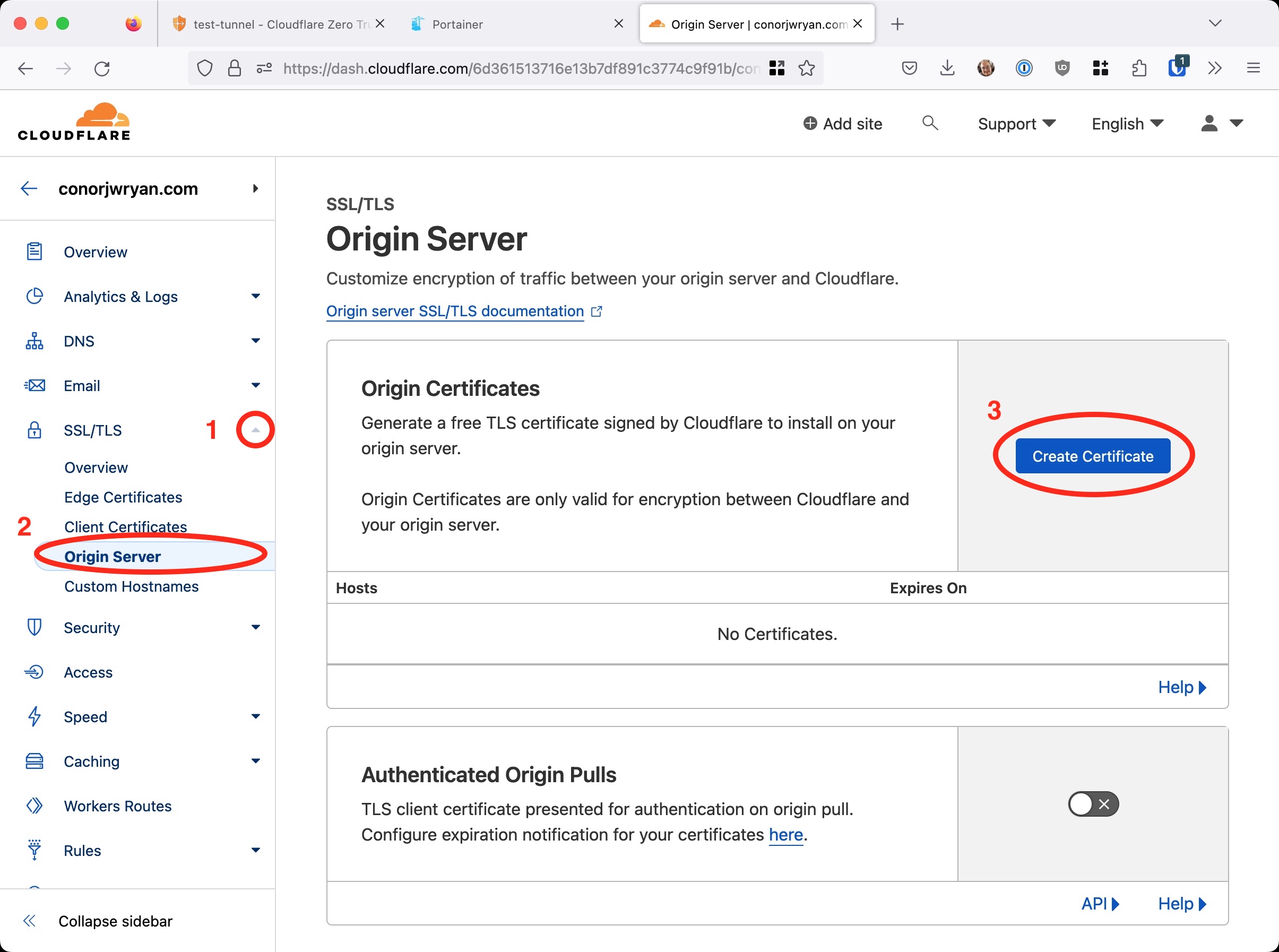 A screenshot showing the cloudflare dashboard and where we need to go to get our origin certificates