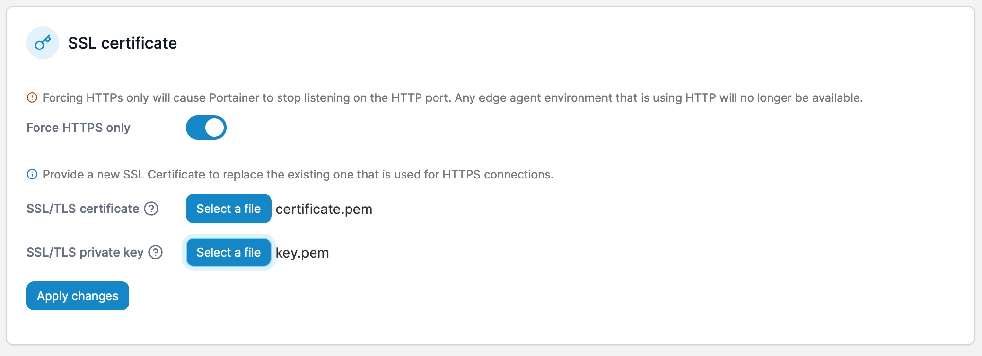 A screenshot of the portainer settings page with the ssl certificate and key fields filled in