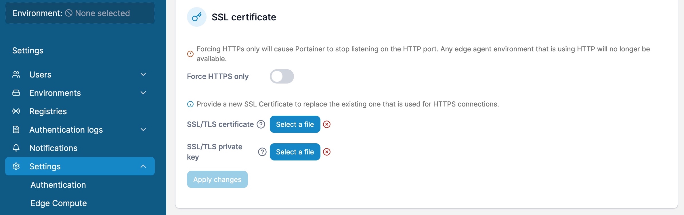 A screenshot showing the portainer settings page and what we need to ensure the ssl connection is secure