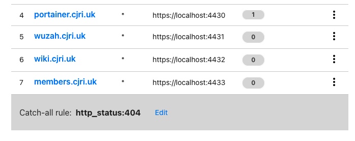 A screenshot showing a selection of services running on a server, stating the port to forward on the server to a specified domain