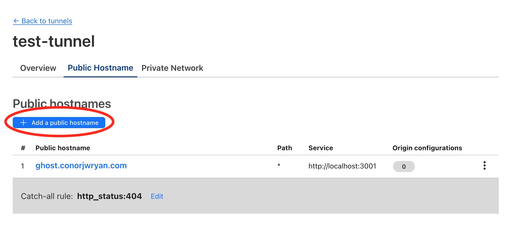 A screenshot of the cloudflare testing-tunnel dashboard where in order to add more services we need to click on 'add a public hostname'