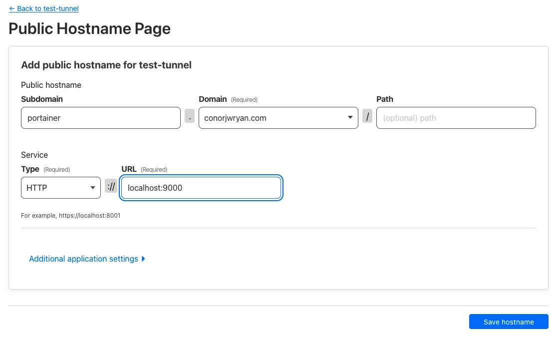 A screenshot showing the same process as the ghost public hostname configuration we do the same with portainer