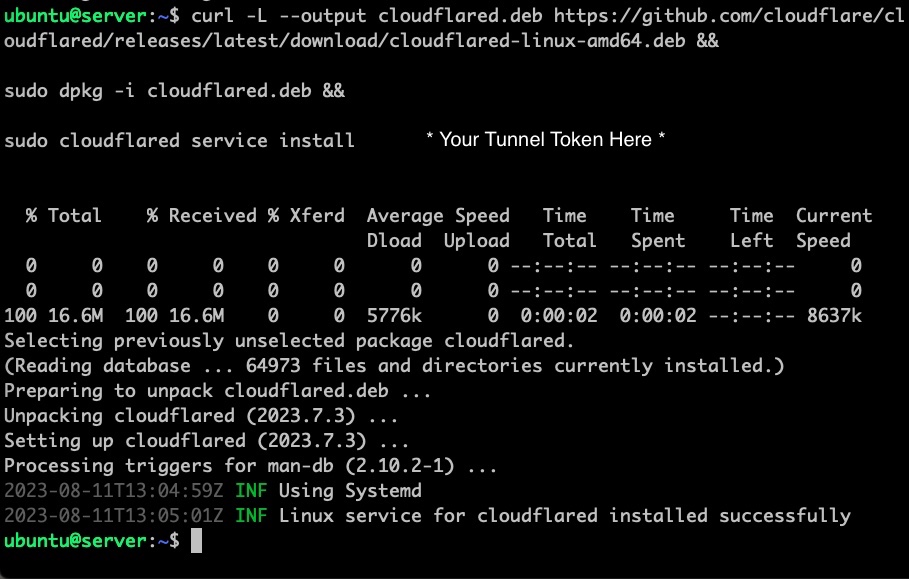 A screenshot of the cloudflare tunnel install commands
