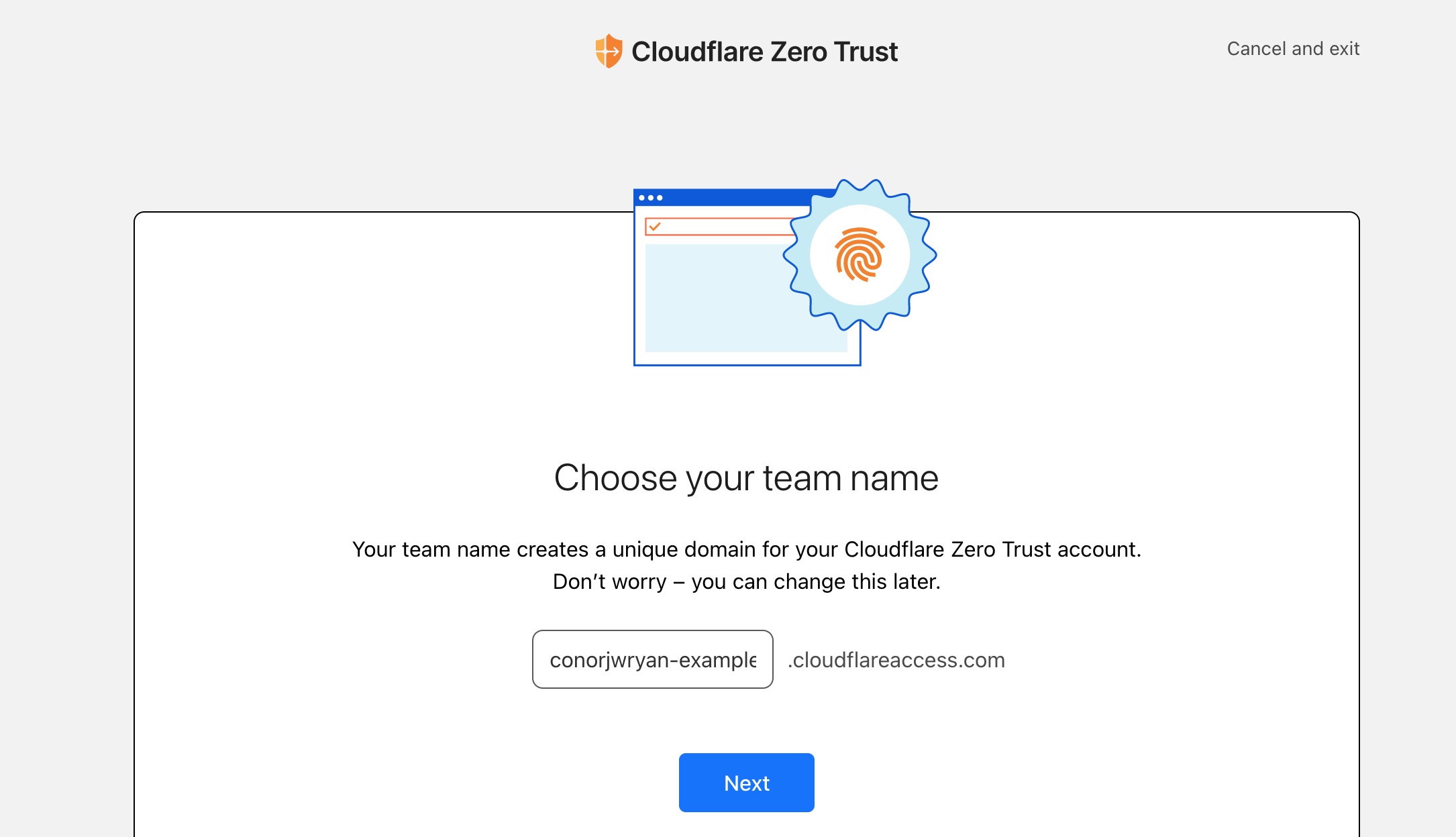 A screenshot of cloudflare asking you to set up your team name - a place where you can access your internal tools easily