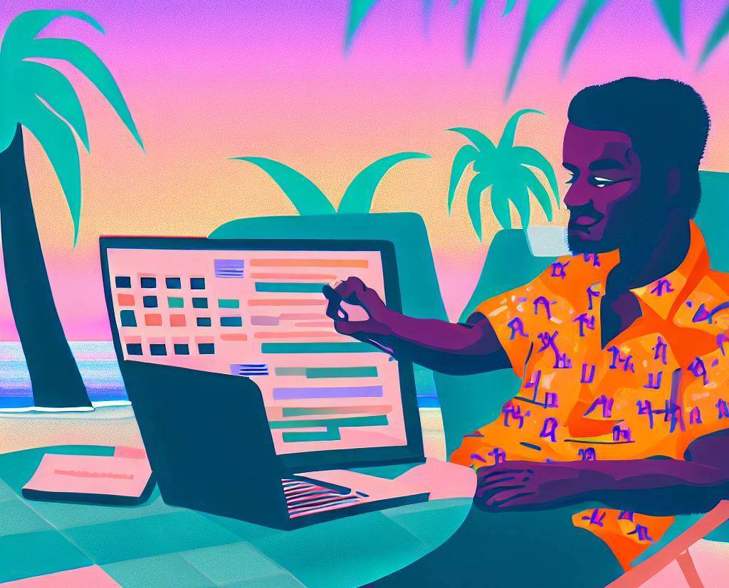A man in a hawaiian shirt on his laptop doing spreadsheets at the beach