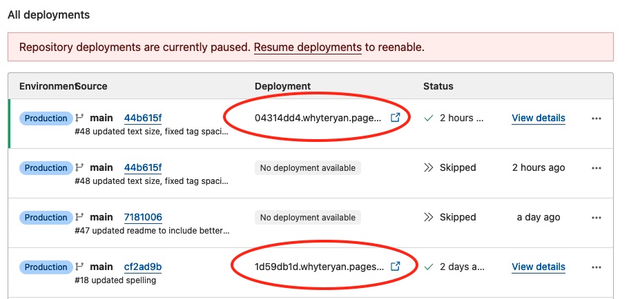 Screenshot of the list of deployments cloudflare has automatically created for my project