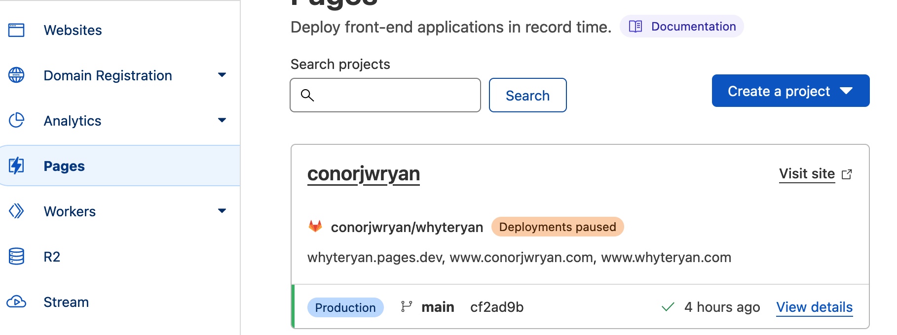 A screenshot of my cloudflare pages dashboard showing conorjwryan website status
