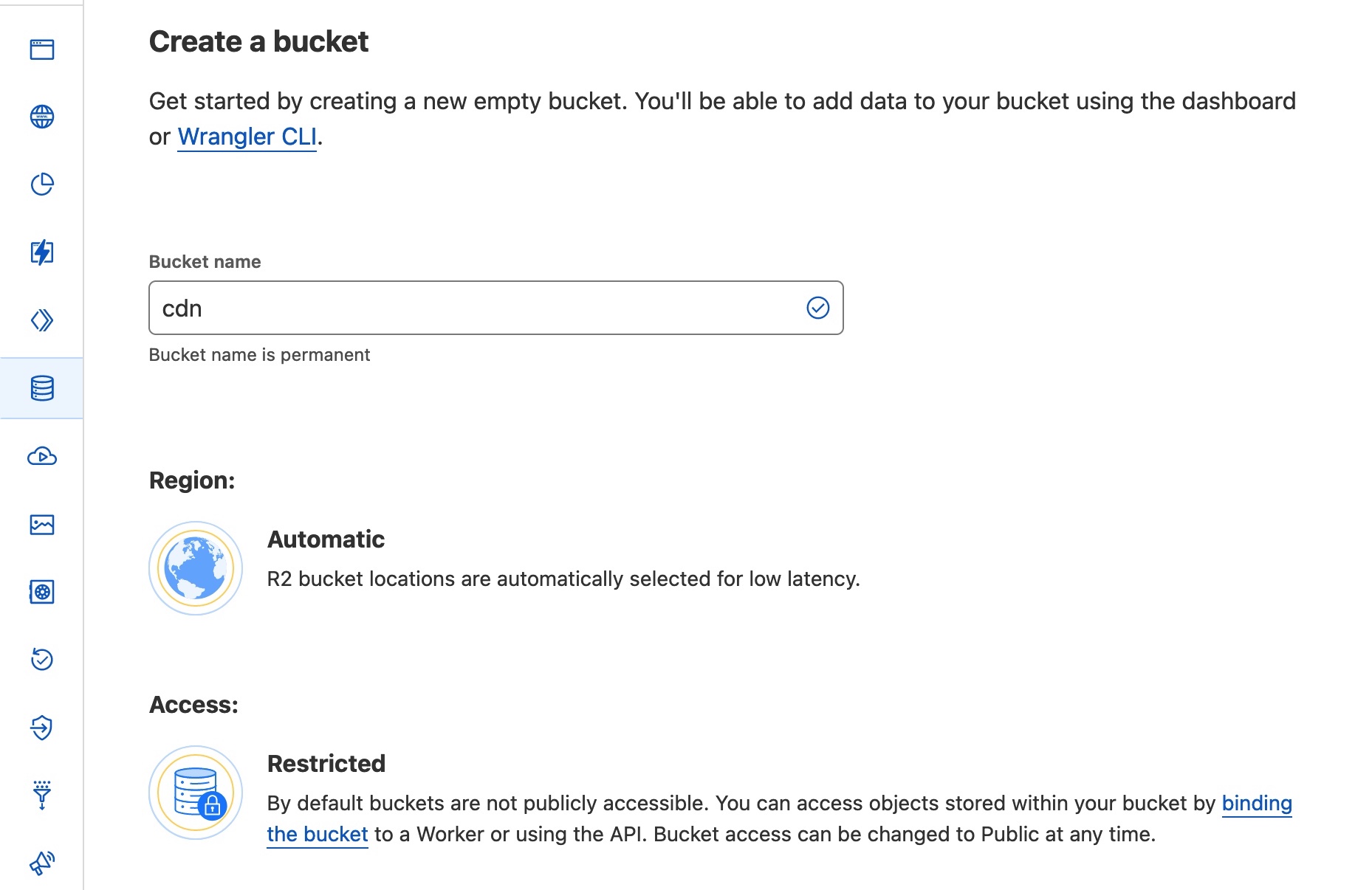A screenshot of the bucket creation after setting up your R2 account