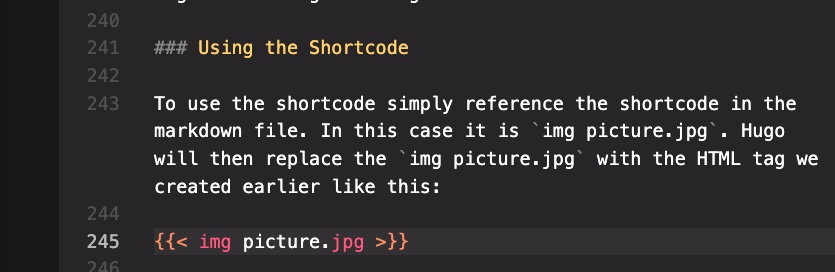 A screenshot of my VSCode setup I the img shortcode in a markdown post