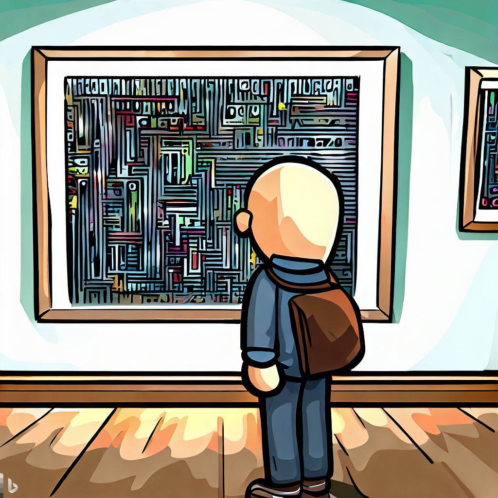 a cartoon of a guy looking at a bunch of code in an art gallery