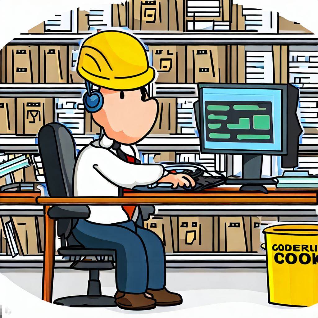 A cartoon of a man working on a laptop in a building supply store