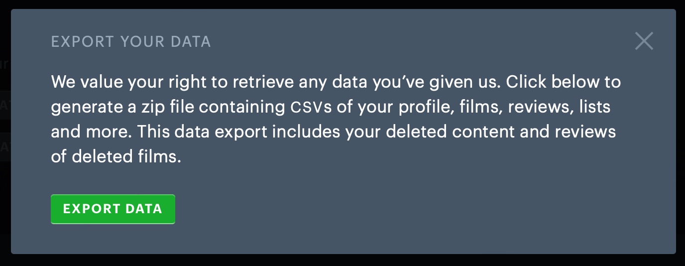 a popup notice saying I can export my film data in a .CSV file